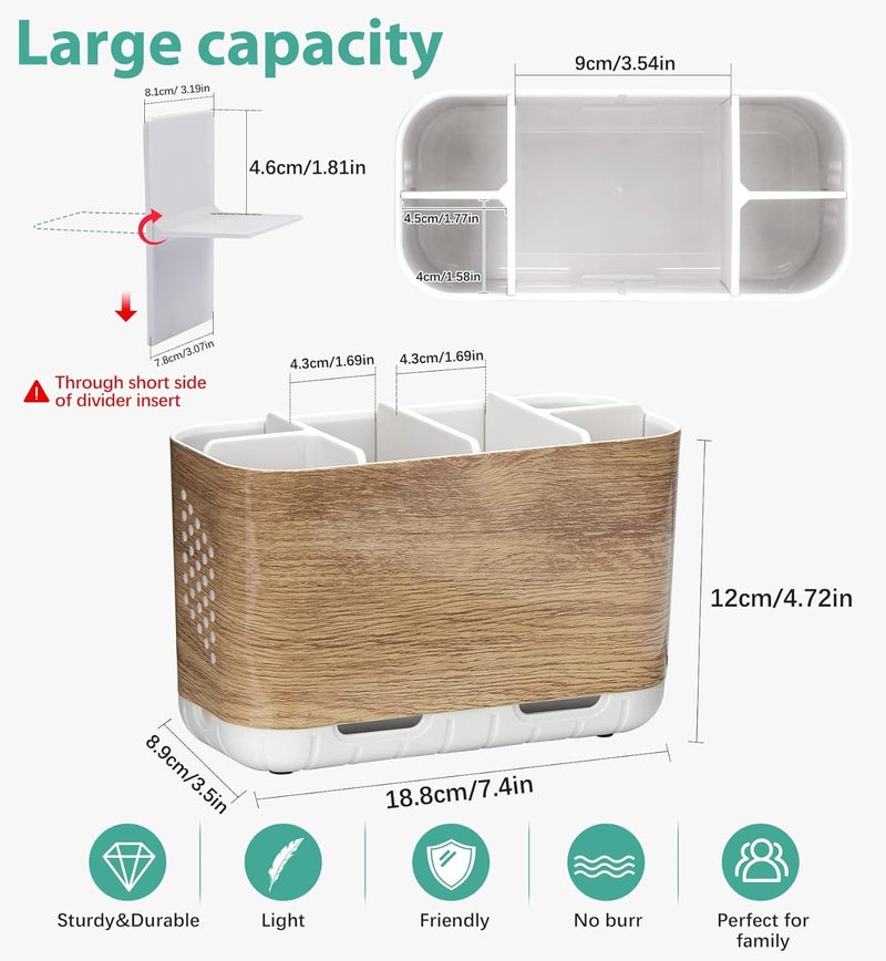 Boperzi Toothbrush and Toothpaste Holder Wood Grain for Bathroom Countertop with Adjustable Dividers, Toothpaste Caddy Organizer Storage Rustic Decor Set Freestanding Anti-Slip for Shower,Family,Kids - Image 5